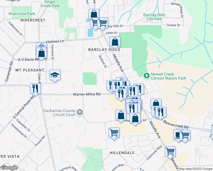 map of restaurants, bars, coffee shops, grocery stores, and more near 309 Warner Milne Road in Oregon City