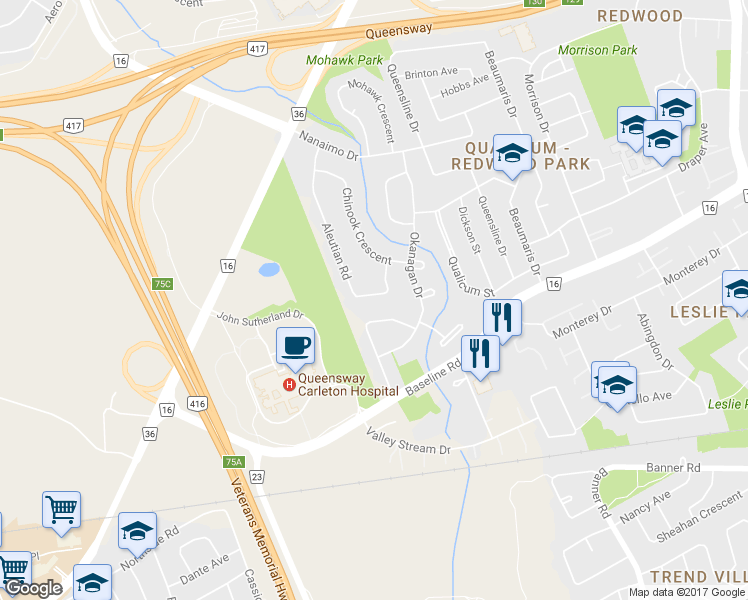 map of restaurants, bars, coffee shops, grocery stores, and more near 52 Aleutian Road in Ottawa