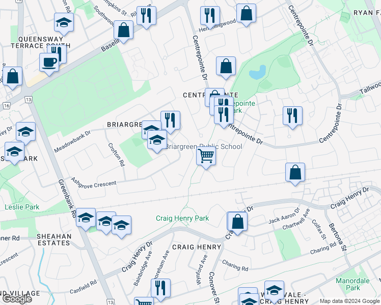 map of restaurants, bars, coffee shops, grocery stores, and more near 29 Moorcroft Road in Ottawa