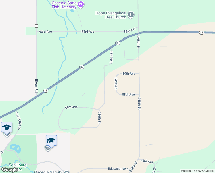 map of restaurants, bars, coffee shops, grocery stores, and more near 872 250th Street in Osceola