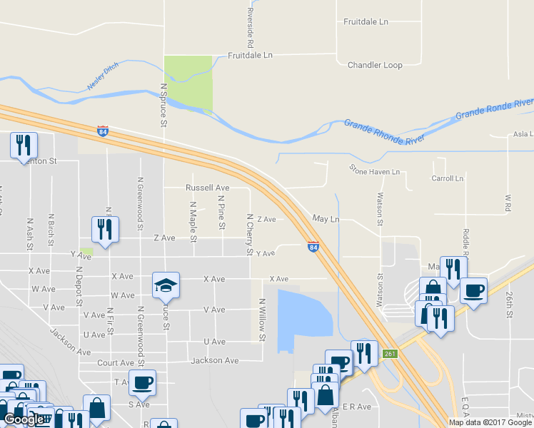 map of restaurants, bars, coffee shops, grocery stores, and more near 2001 Z Avenue in La Grande