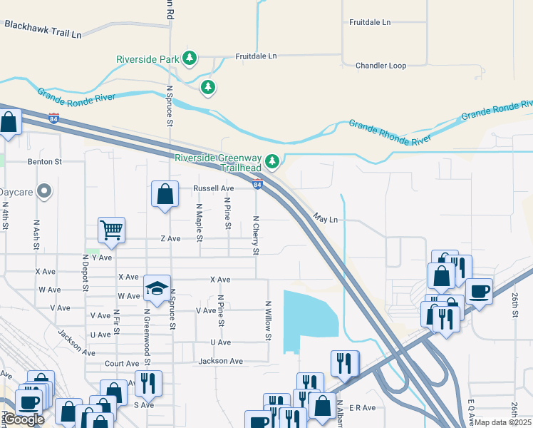 map of restaurants, bars, coffee shops, grocery stores, and more near 2001 Z Avenue in La Grande
