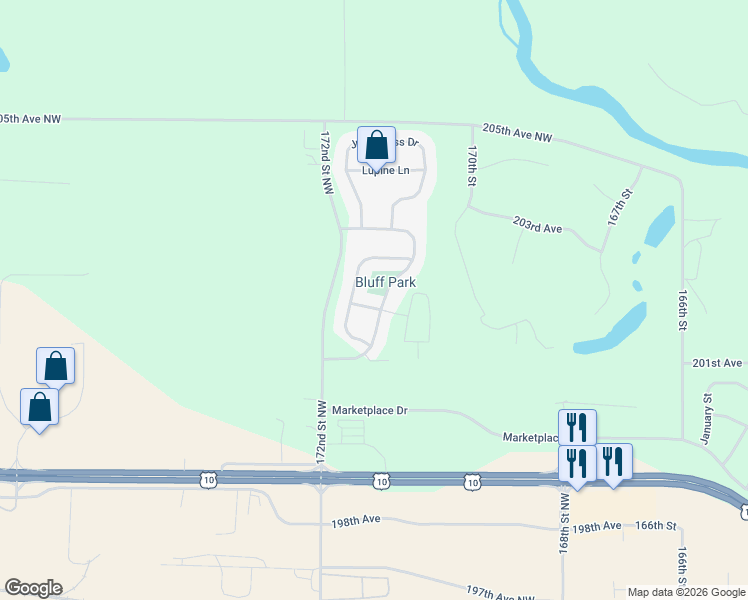 map of restaurants, bars, coffee shops, grocery stores, and more near 17074 Larkspur Lane in Big Lake
