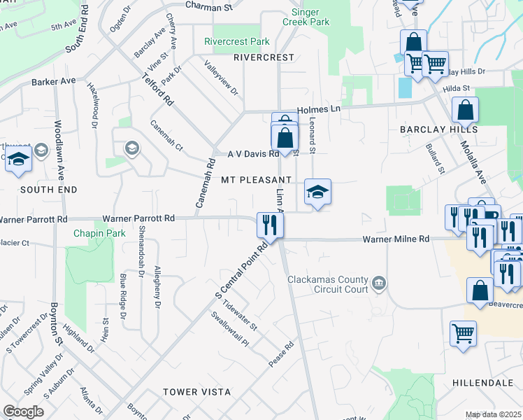 map of restaurants, bars, coffee shops, grocery stores, and more near 1232 Linn Avenue in Oregon City