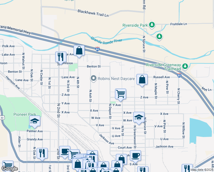 map of restaurants, bars, coffee shops, grocery stores, and more near 2708 North Depot Street in La Grande
