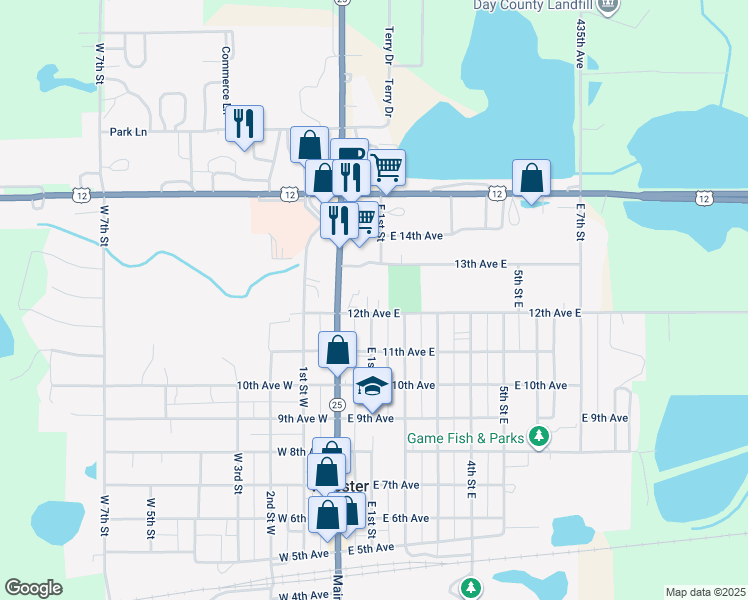 map of restaurants, bars, coffee shops, grocery stores, and more near 101-149 12th Avenue East in Webster