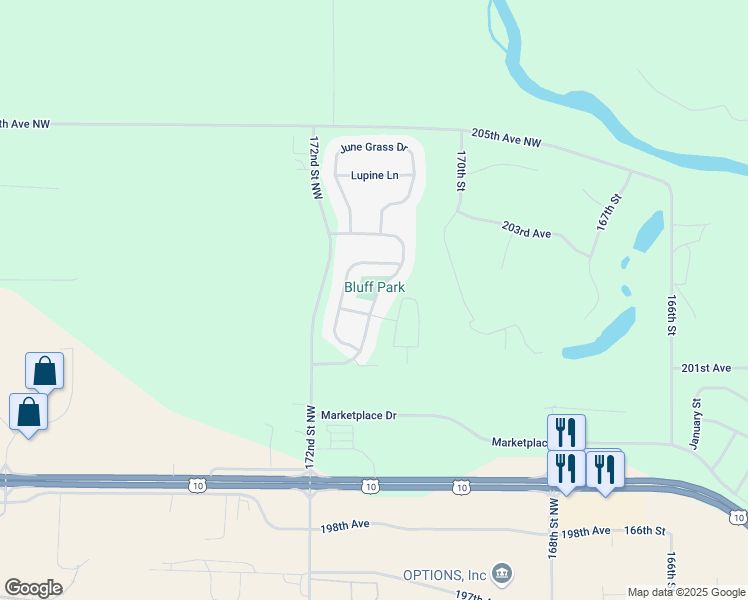 map of restaurants, bars, coffee shops, grocery stores, and more near Prairie Drive in Big Lake