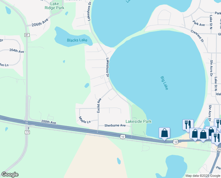 map of restaurants, bars, coffee shops, grocery stores, and more near 106 Euclid Ave in Big Lake