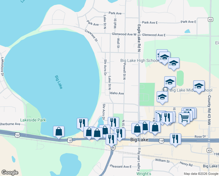 map of restaurants, bars, coffee shops, grocery stores, and more near 661 Lake Street North in Big Lake