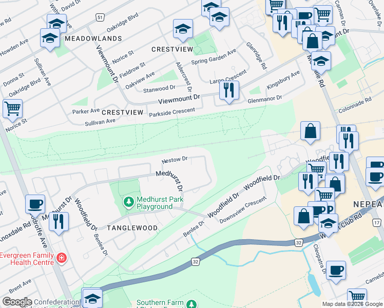 map of restaurants, bars, coffee shops, grocery stores, and more near 82 Nestow Drive in Ottawa