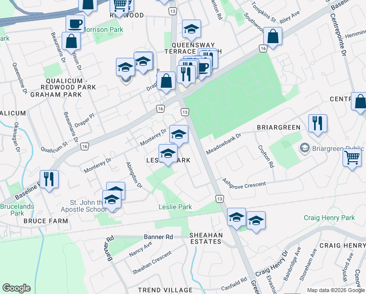 map of restaurants, bars, coffee shops, grocery stores, and more near 2 Lavina Crescent in Ottawa
