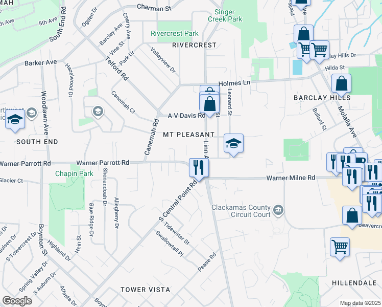 map of restaurants, bars, coffee shops, grocery stores, and more near 1232 Linn Avenue in Oregon City