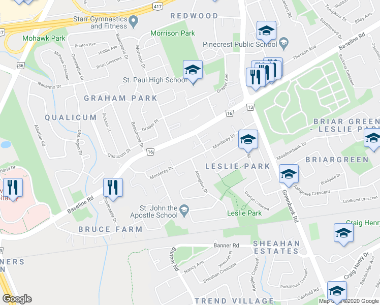 map of restaurants, bars, coffee shops, grocery stores, and more near 241 Monterey Drive in Ottawa