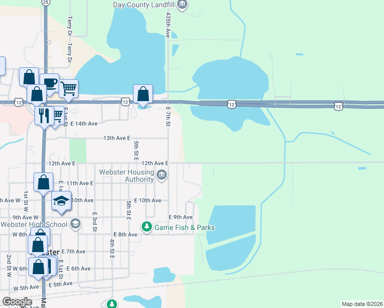 map of restaurants, bars, coffee shops, grocery stores, and more near 737 12th Avenue East in Webster