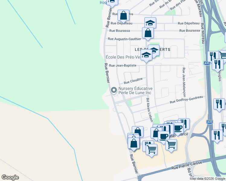 map of restaurants, bars, coffee shops, grocery stores, and more near 1101 Rue Bernier in Saint-Jean-sur-Richelieu