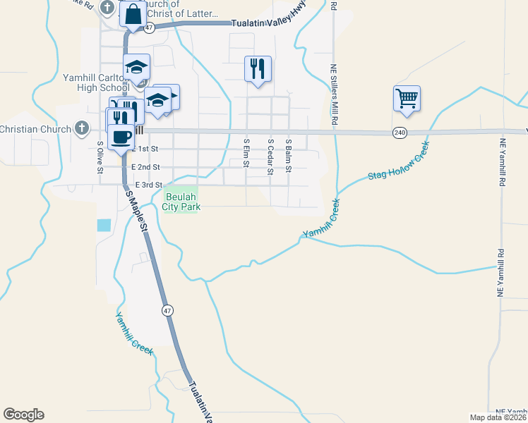 map of restaurants, bars, coffee shops, grocery stores, and more near 875 East 4th Street in Yamhill