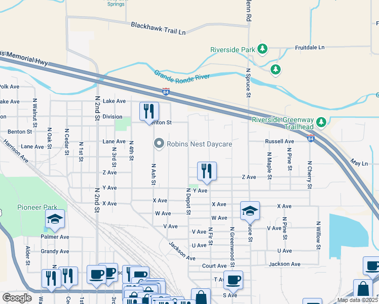 map of restaurants, bars, coffee shops, grocery stores, and more near 2708 North Depot Street in La Grande