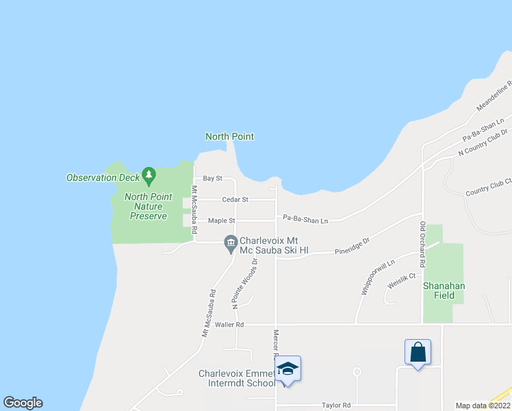 map of restaurants, bars, coffee shops, grocery stores, and more near 13000-13138 Maple Street in Charlevoix
