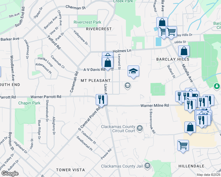 map of restaurants, bars, coffee shops, grocery stores, and more near 1218 Johnson Street in Oregon City