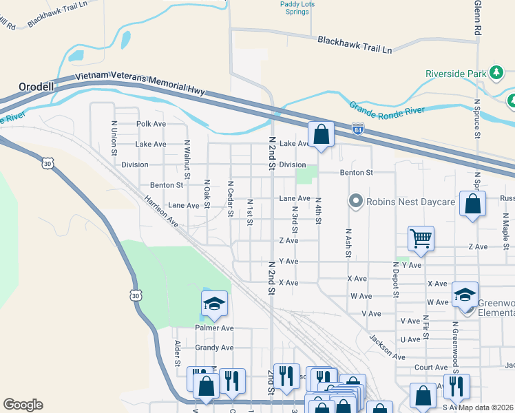 map of restaurants, bars, coffee shops, grocery stores, and more near 2906 North 2nd Street in La Grande