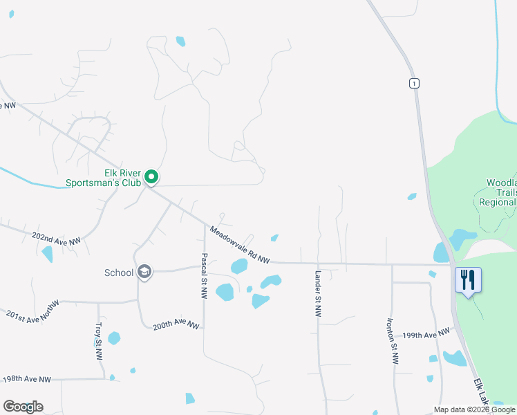 map of restaurants, bars, coffee shops, grocery stores, and more near 20189 Meadowvale Road Northwest in Elk River