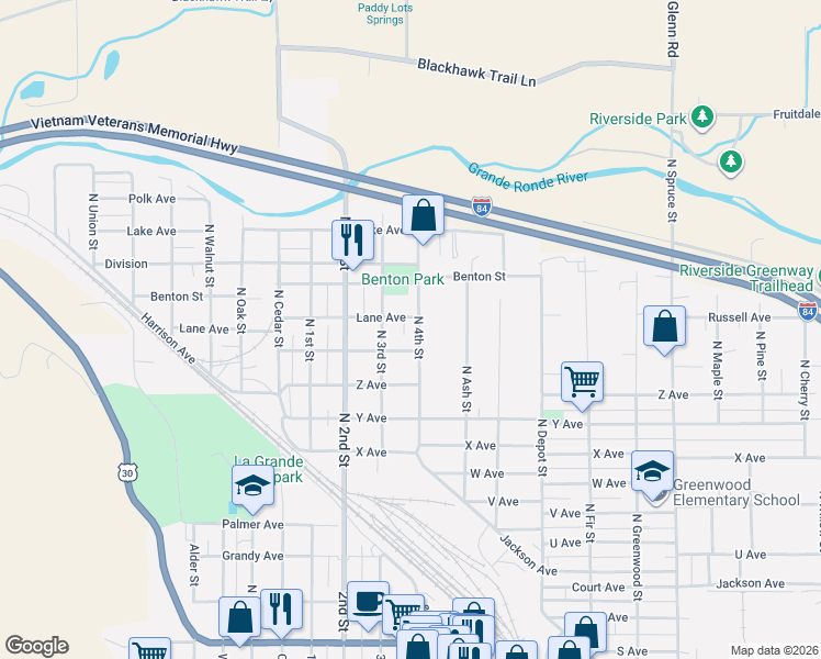 map of restaurants, bars, coffee shops, grocery stores, and more near 2812 North 4th Street in La Grande