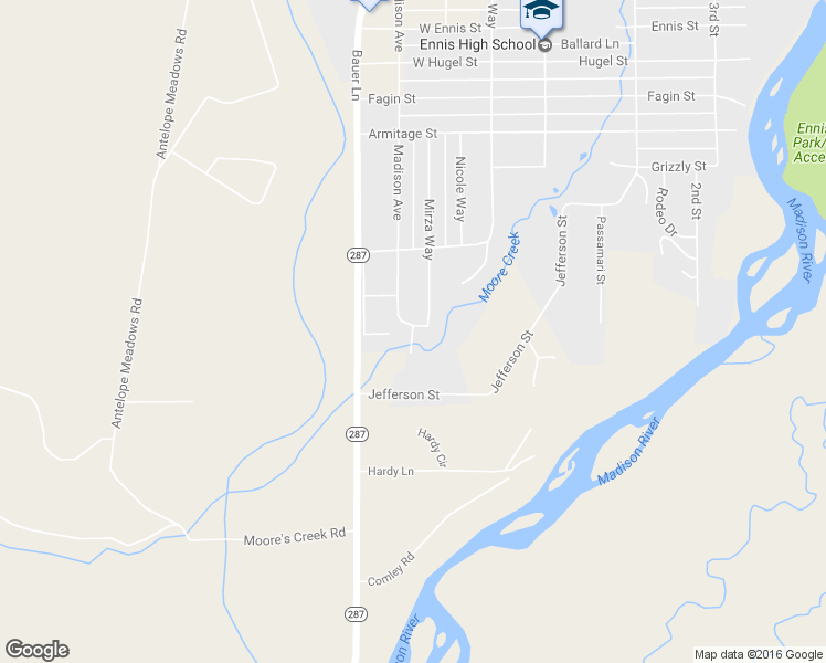 map of restaurants, bars, coffee shops, grocery stores, and more near 815 Mirza Way in Ennis