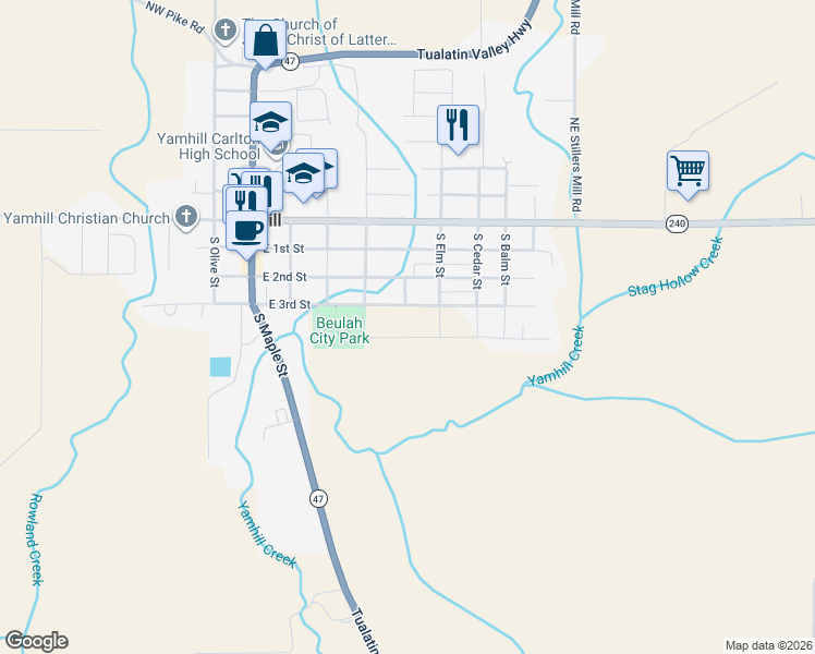 map of restaurants, bars, coffee shops, grocery stores, and more near 600 East Fourth Street in Yamhill