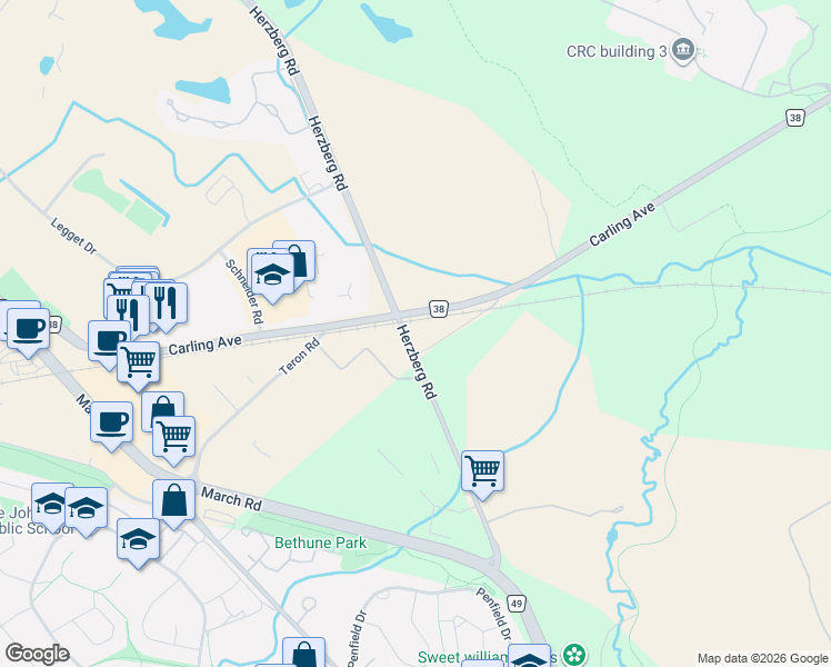 map of restaurants, bars, coffee shops, grocery stores, and more near 161 Herzberg Road in Ottawa