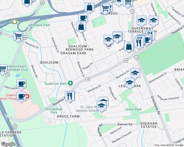 map of restaurants, bars, coffee shops, grocery stores, and more near 54 Qualicum Street in Ottawa