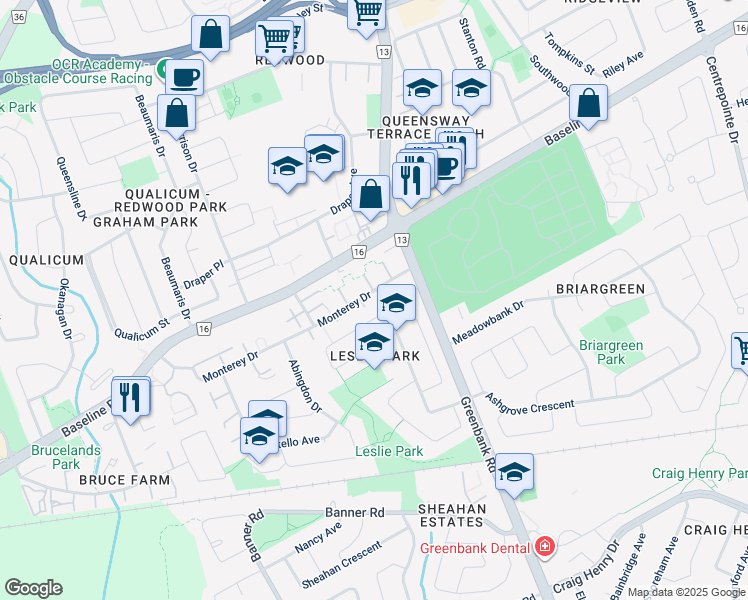 map of restaurants, bars, coffee shops, grocery stores, and more near 32 Monterey Drive in Ottawa