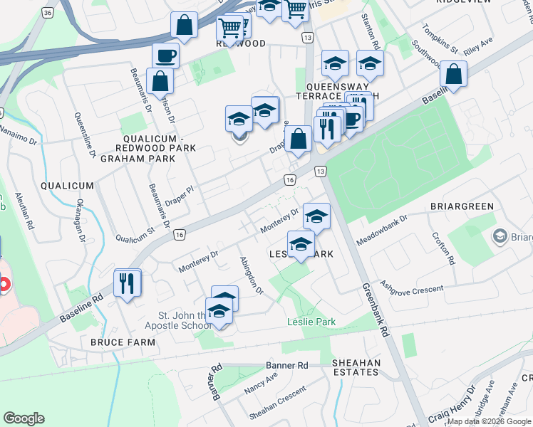map of restaurants, bars, coffee shops, grocery stores, and more near 187 Monterey Drive in Ottawa