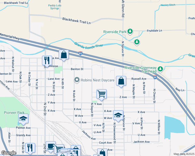 map of restaurants, bars, coffee shops, grocery stores, and more near 2806 North Fir Street in La Grande