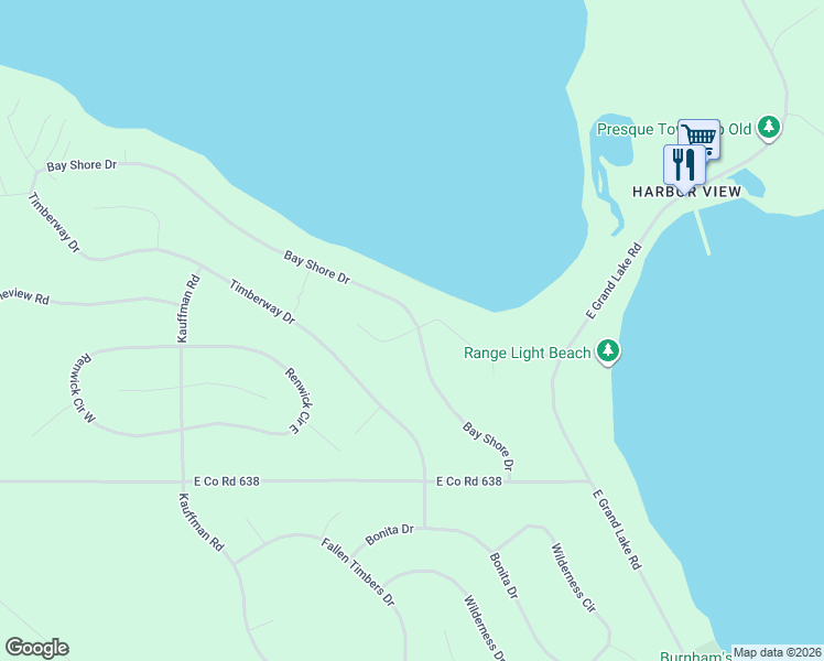 map of restaurants, bars, coffee shops, grocery stores, and more near Bay View Drive in Presque Isle Harbor