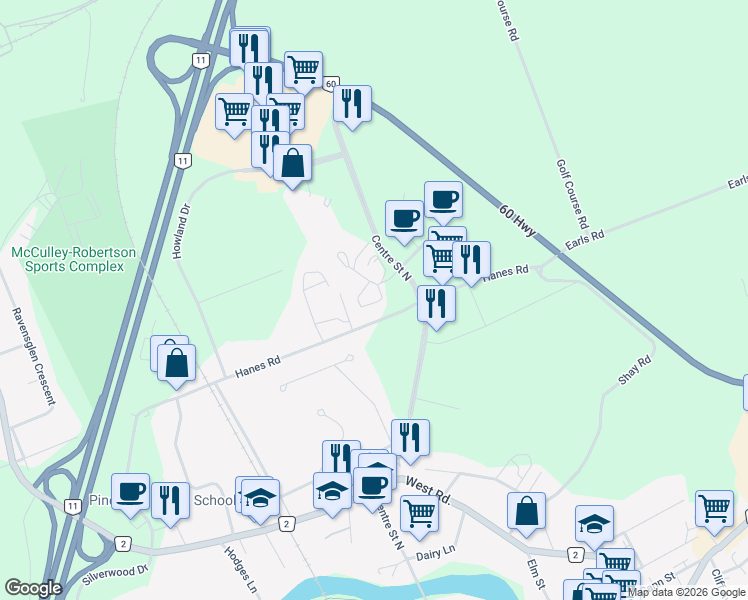 map of restaurants, bars, coffee shops, grocery stores, and more near 27 Serenity Place Crescent in Huntsville