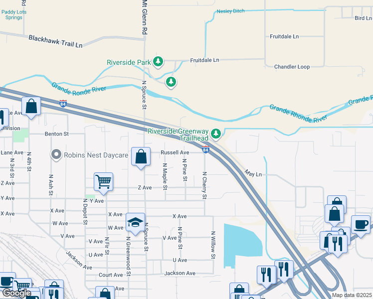 map of restaurants, bars, coffee shops, grocery stores, and more near 1801 Russell Avenue in La Grande
