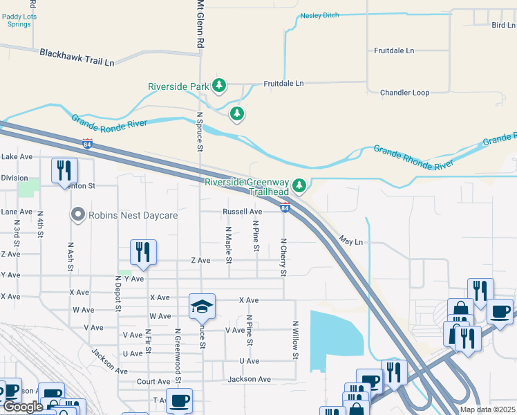 map of restaurants, bars, coffee shops, grocery stores, and more near 1801 Russell Avenue in La Grande