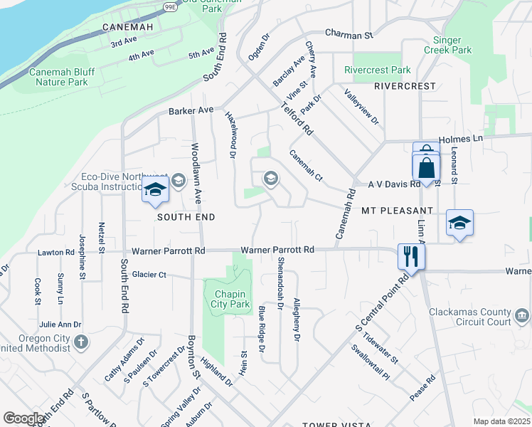 map of restaurants, bars, coffee shops, grocery stores, and more near 1039 Birchwood Drive in Oregon City