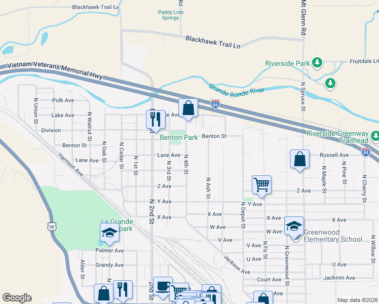 map of restaurants, bars, coffee shops, grocery stores, and more near 2901 North 4th Street in La Grande