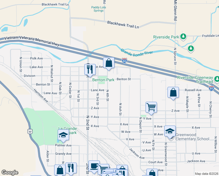 map of restaurants, bars, coffee shops, grocery stores, and more near 2901 North 4th Street in La Grande