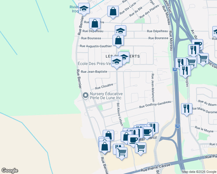 map of restaurants, bars, coffee shops, grocery stores, and more near 94 Rue Clouâtre in Saint-Jean-sur-Richelieu