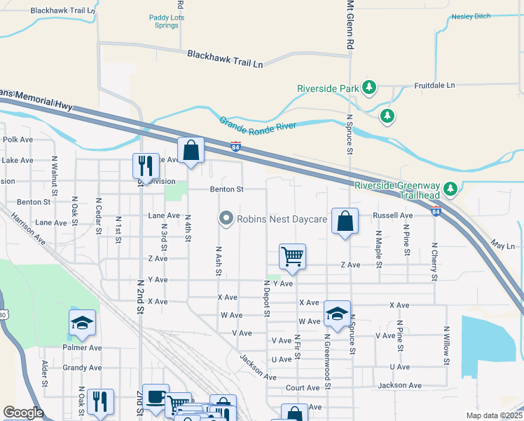 map of restaurants, bars, coffee shops, grocery stores, and more near 2906 North Depot Street in La Grande
