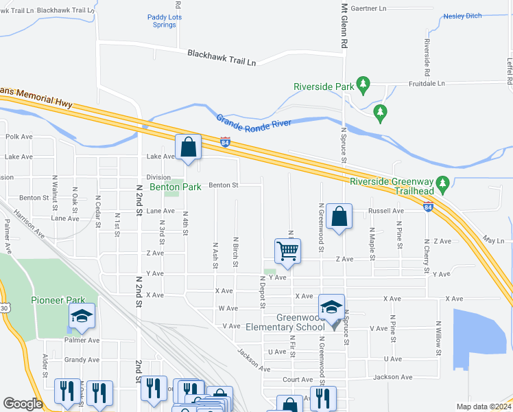 map of restaurants, bars, coffee shops, grocery stores, and more near 2908 North Depot Street in La Grande