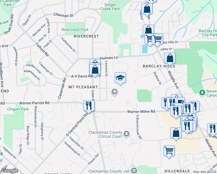 map of restaurants, bars, coffee shops, grocery stores, and more near 1131 Leonard Street in Oregon City