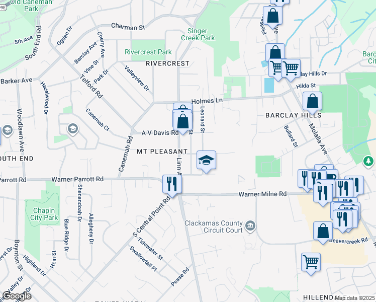 map of restaurants, bars, coffee shops, grocery stores, and more near 1130 Johnson Street in Oregon City