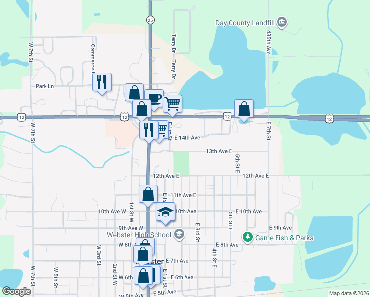 map of restaurants, bars, coffee shops, grocery stores, and more near 215 13th Avenue East in Webster