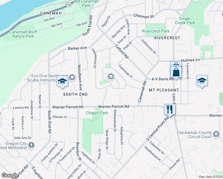 map of restaurants, bars, coffee shops, grocery stores, and more near 1039 Birchwood Drive in Oregon City