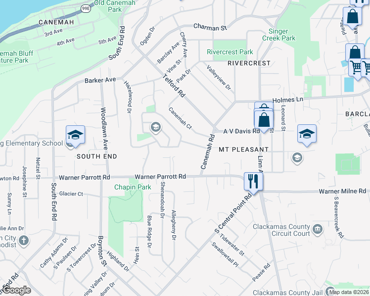 map of restaurants, bars, coffee shops, grocery stores, and more near 152 Randall Street in Oregon City