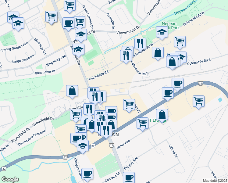 map of restaurants, bars, coffee shops, grocery stores, and more near 43 Roydon Place in Ottawa