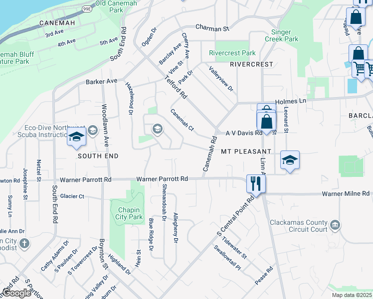 map of restaurants, bars, coffee shops, grocery stores, and more near 152 Randall Street in Oregon City